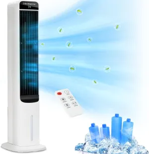 41" Evaporative Air Cooler, Swamp Cooler With 4 Ice Packs And Remote, 120° Oscillation 3 Speeds 4 Modes, Portable Cooling Fan That Blow Cold Air, Bladeless Tower Fan For Bedroom Home Office