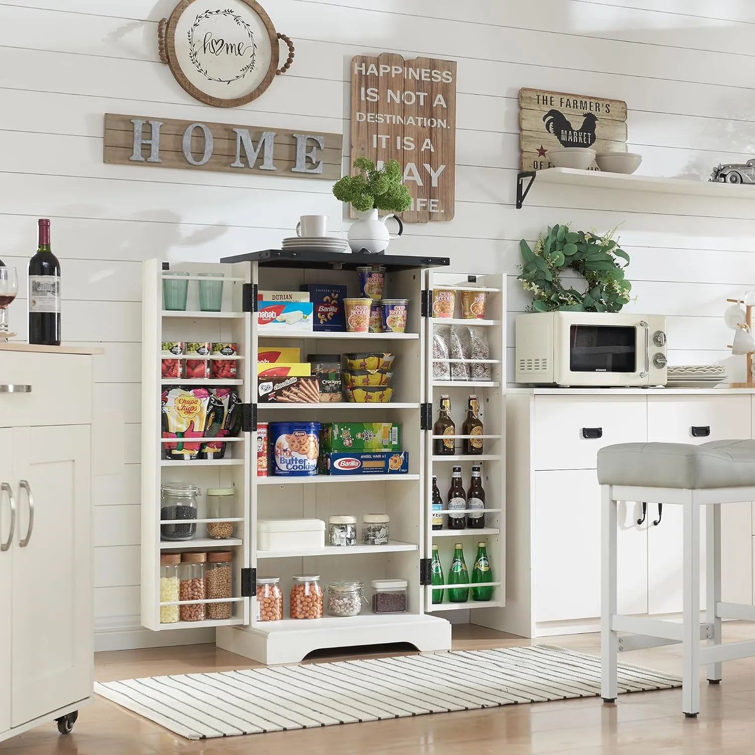 47" Kitchen Pantry, Farmhouse Storage Cabinet with Barn Doors, Organizer and Adjustable Shelves, Rustic Wood Cupboard for Kitchen, Dining Room, Bathroom and Hallway, Off White