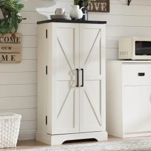 47" Kitchen Pantry, Farmhouse Storage Cabinet with Barn Doors, Organizer and Adjustable Shelves, Rustic Wood Cupboard for Kitchen, Dining Room, Bathroom and Hallway, Off White