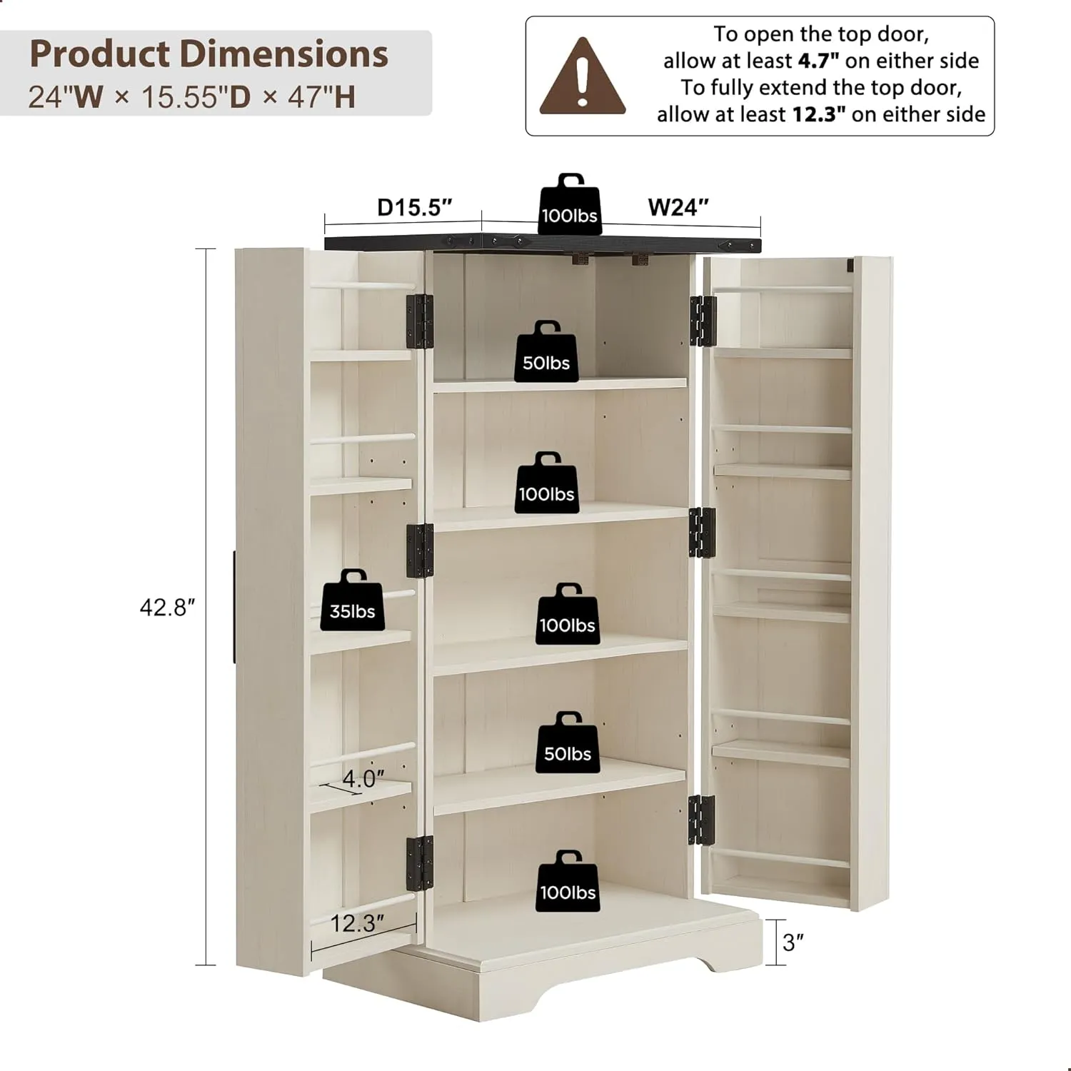 47" Kitchen Pantry, Farmhouse Storage Cabinet with Barn Doors, Organizer and Adjustable Shelves, Rustic Wood Cupboard for Kitchen, Dining Room, Bathroom and Hallway, Off White