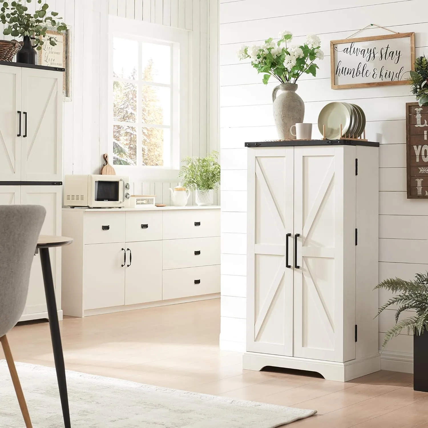 47" Kitchen Pantry, Farmhouse Storage Cabinet with Barn Doors, Organizer and Adjustable Shelves, Rustic Wood Cupboard for Kitchen, Dining Room, Bathroom and Hallway, Off White