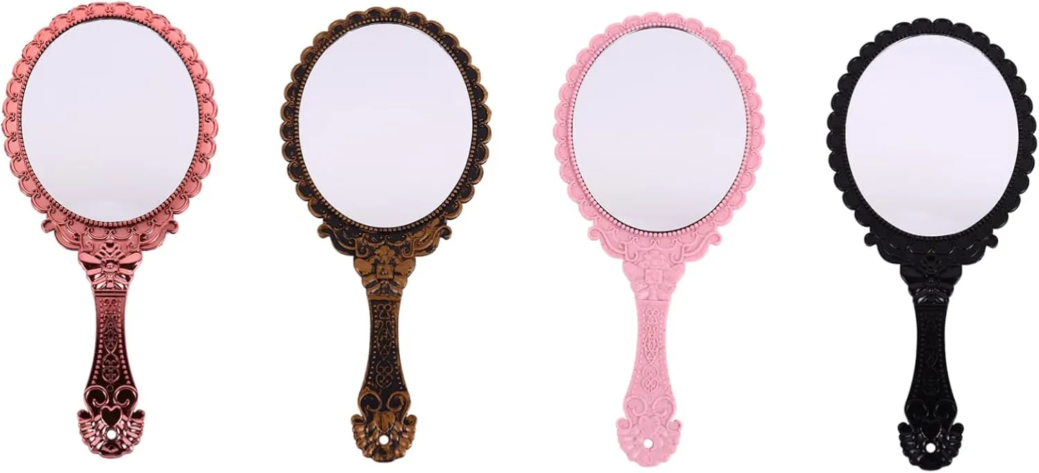4pcs Retro Floral Handheld Makeup Mirror Portable Oval Cosmetic Mirrors Antique and Compact Ergonomic