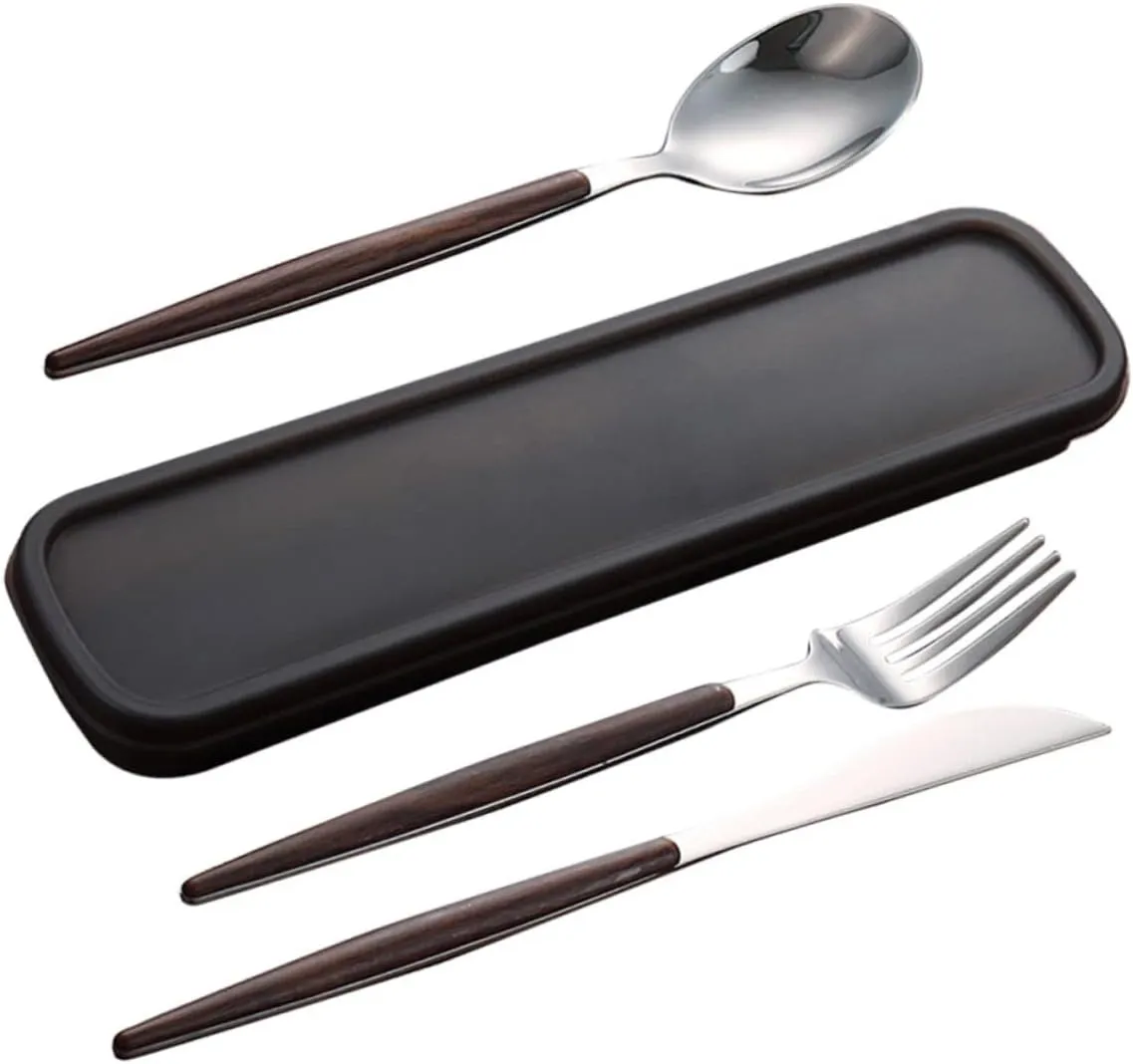 4pcs Stainless Steel Cutlery Set Walnut Handle Portable Fork and Spoon Tableware for Travel Picnic and Dining Compact Utensil Kit Storage Box