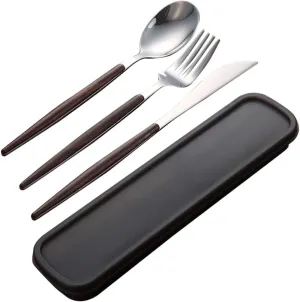 4pcs Stainless Steel Cutlery Set Walnut Handle Portable Fork and Spoon Tableware for Travel Picnic and Dining Compact Utensil Kit Storage Box