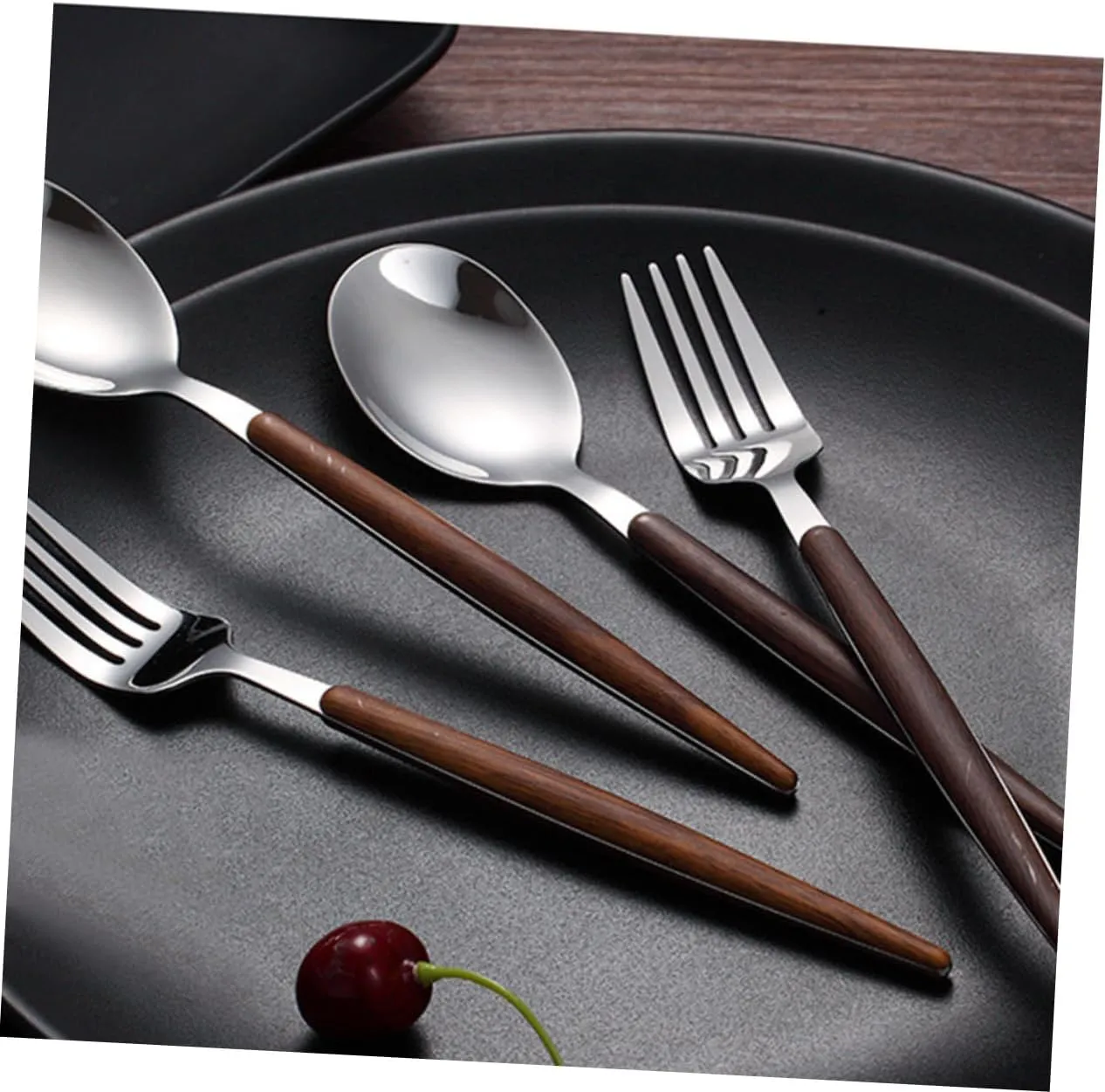 4pcs Stainless Steel Cutlery Set Walnut Handle Portable Fork and Spoon Tableware for Travel Picnic and Dining Compact Utensil Kit Storage Box