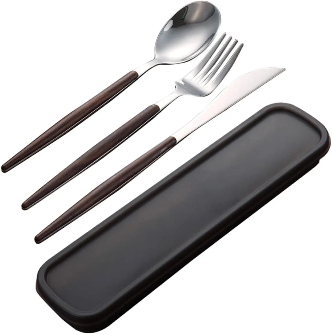 4pcs Stainless Steel Cutlery Set Walnut Handle Portable Fork and Spoon Tableware for Travel Picnic and Dining Compact Utensil Kit Storage Box