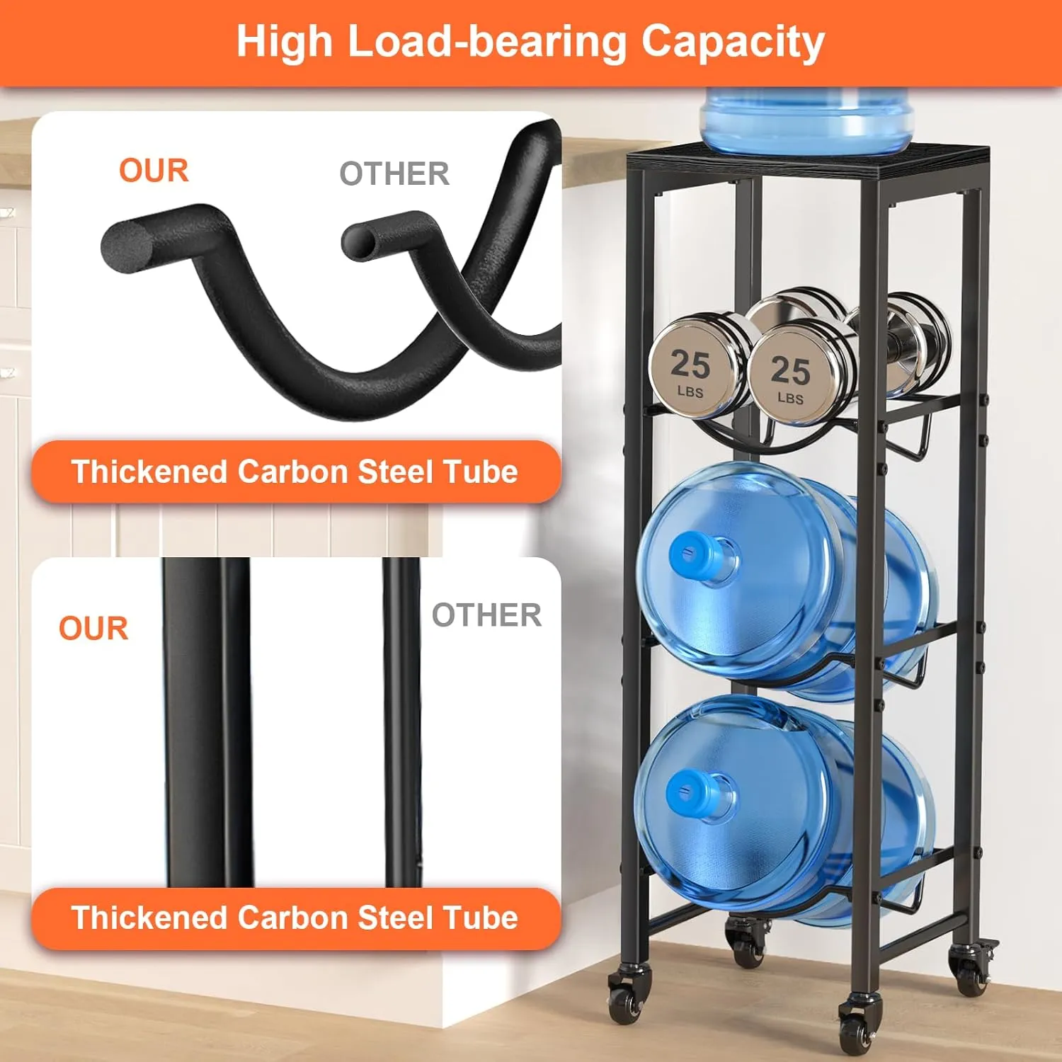 5 Gallon Water Bottle Jug Holder 3-Tier Organizer with Lockable Casters Heavy Duty Storage Rack Dispenser Stand With Wood Top Shelf for Kitchen Office Garage Black
