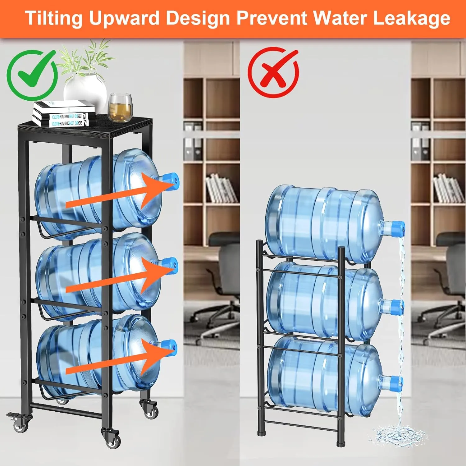 5 Gallon Water Bottle Jug Holder 3-Tier Organizer with Lockable Casters Heavy Duty Storage Rack Dispenser Stand With Wood Top Shelf for Kitchen Office Garage Black