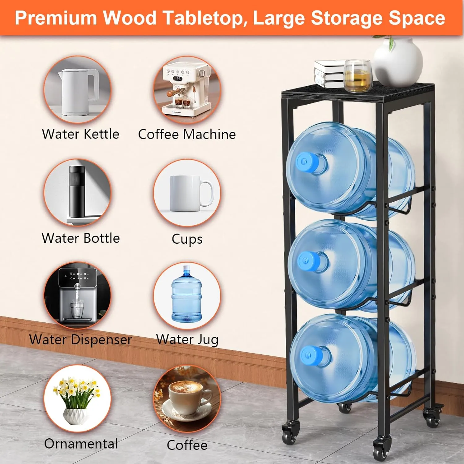 5 Gallon Water Bottle Jug Holder 3-Tier Organizer with Lockable Casters Heavy Duty Storage Rack Dispenser Stand With Wood Top Shelf for Kitchen Office Garage Black