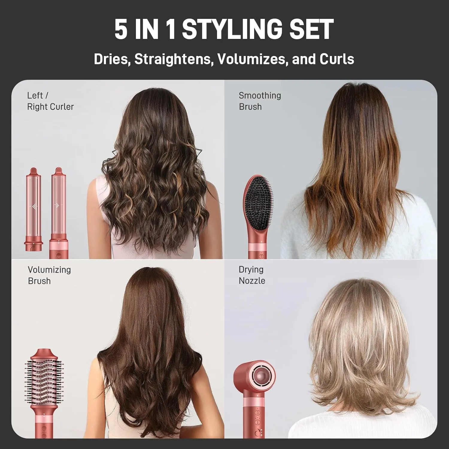 5 in 1 High-Speed Hot Air Styler - Professional Frizz-Free Hair Dryer Brush, Fast Drying Hair Dryer, No Heat Damage Air Styler Wrap - Curl, Volumize, Straighten with Travel Bag