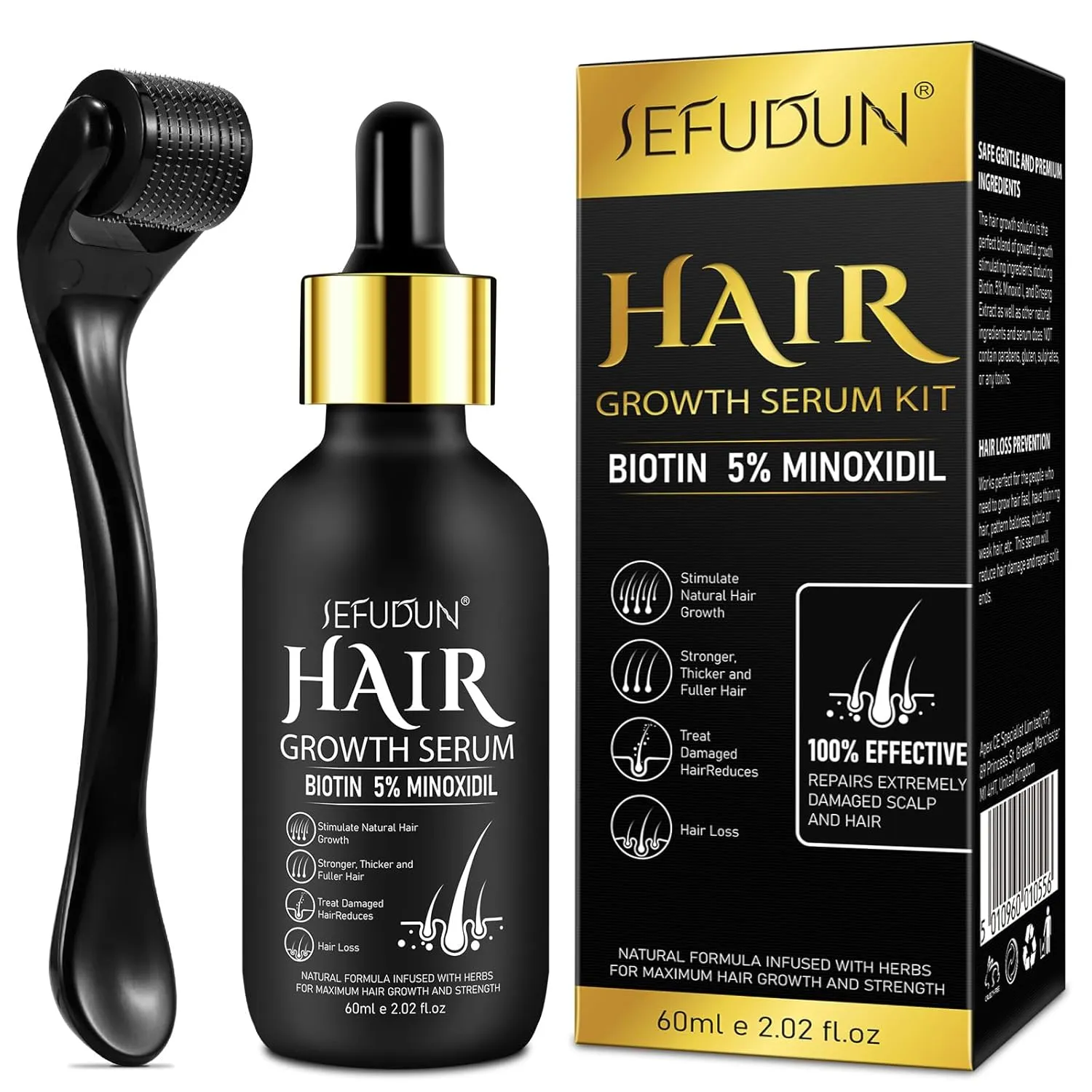 5% Minoxidil for Men and Women Hair Growth Oil with Derma Roller, Hair Serum for Thicker Hair, Beard Growth Support, Hair Loss Treatment for Scalp, Fuller Beard & Longer Hair Regrowth