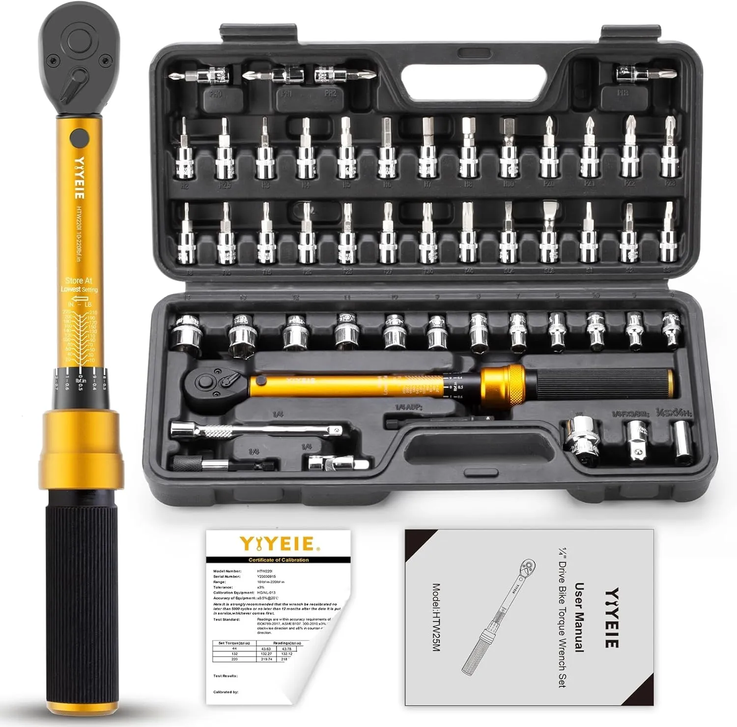 50Pcs Master Bike Torque Wrench Set, 1/4 Inch Drive, 10-220 IN.LB (1-24.9 Nm), Inch Pound Click Torque Wrench with Bit Sockets, 0.1 Nm Micro, 3/8 Adapter, Pro Bicycle Tool Kit for MTB