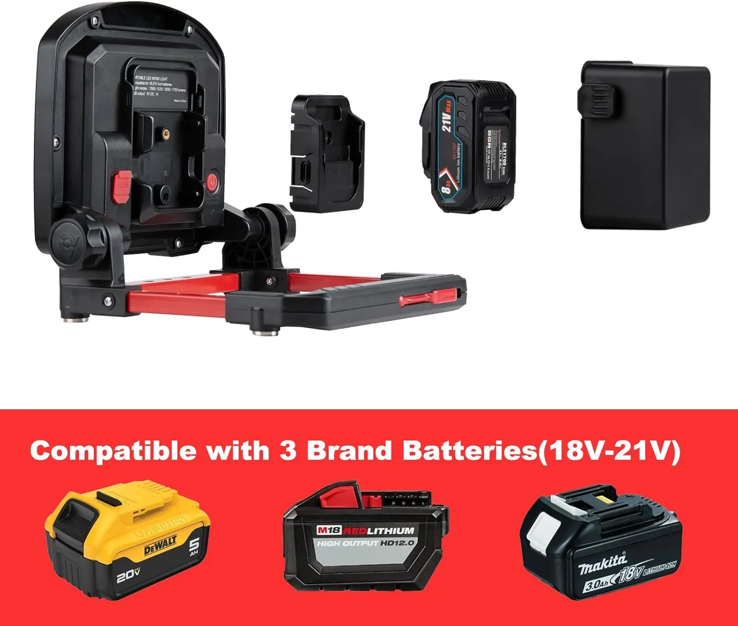 50W 7000LM Waterproof LED Work Light, Compatible with Dewalt, Milwaukee and Makita 18-21V Battery, Foldable Magnetic Base, Brightness Dimmable (Light Only/Charger Not Included)