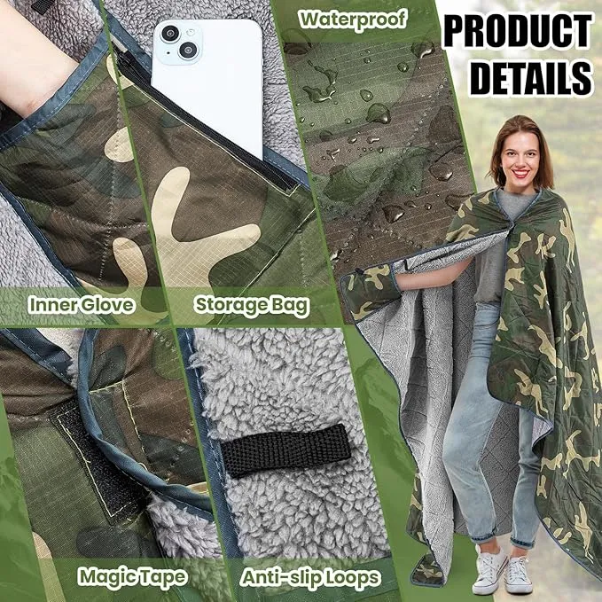 59" x 79" Woobie Blanket Camping Blanket with Sherpa Lining Large Military Blanket Waterproof Warm Outdoor Blanket for Camping, Hunting, Sporting Events, Picnic, Hiking(Camouflage,1 Pc)