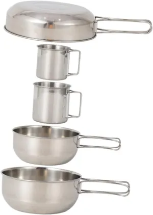 5Pcs Stainless Steel Camping Tableware Set Lightweight Pot and Cup for Outdoor Picnics BBQ Fishing Hiking Durable Easy to Clean Stackable Design for Convenient