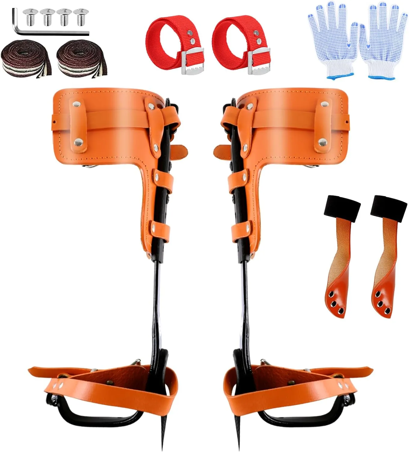 6 in 1 Tree Climbing Spikes Kit, Cowhide Tree Climbing Gear, Adjustable Arborist Tree Climbing Equipment with Climbing Ankle Straps, Spikes Protectors, Gloves, Rock Climbing Tools Kit for Tree Work