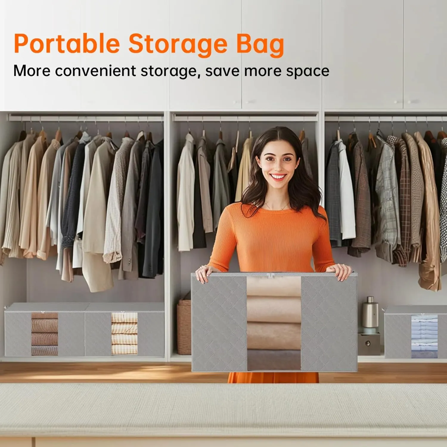 6 Pack Clothes Storage Bags - 60L Blanket Organizers and Storage for Closet Large Storage Bins with Lids and Zipper Storage Containers for King Comforter, Pillow and Sweater (Grey, 6 Pack)