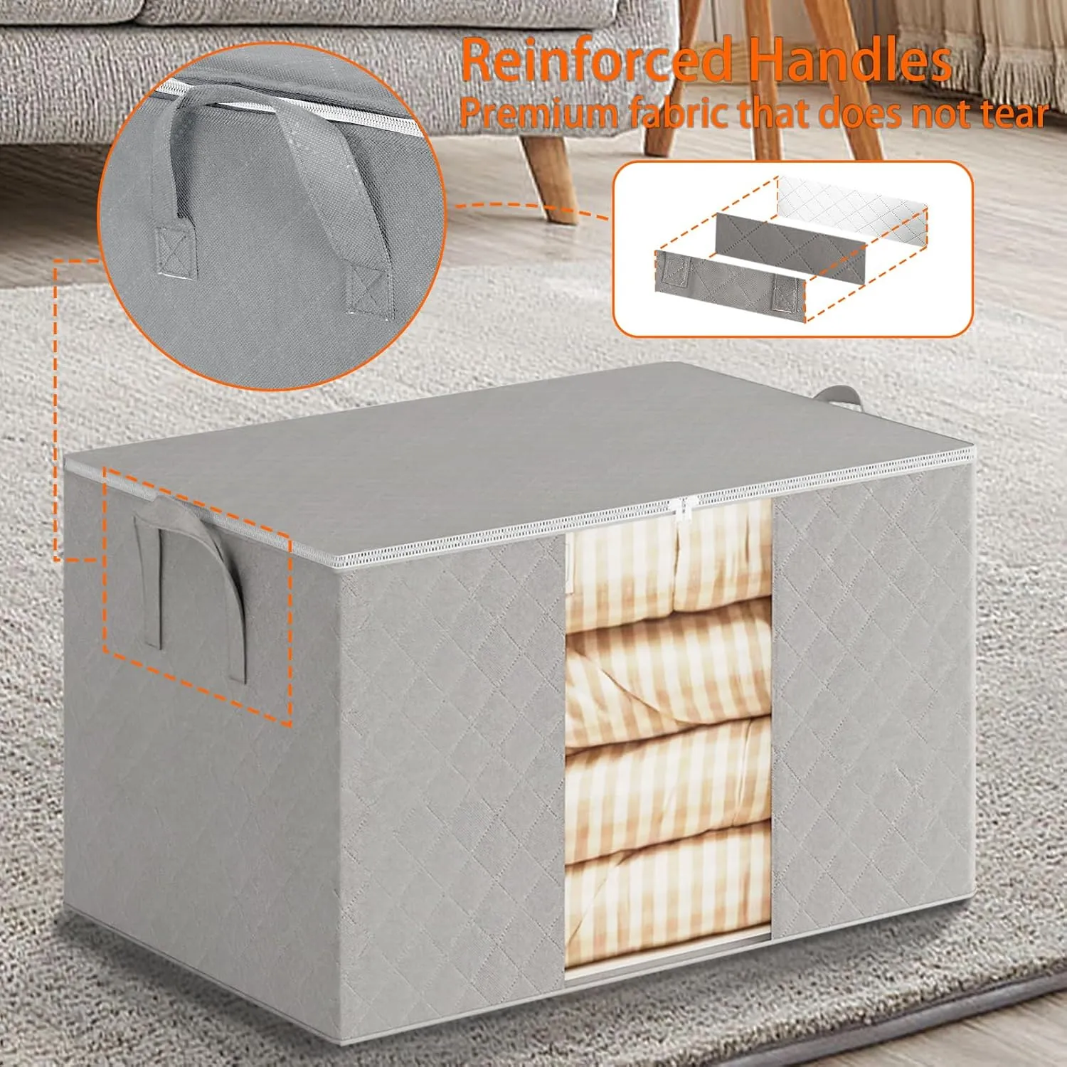 6 Pack Clothes Storage Bags - 60L Blanket Organizers and Storage for Closet Large Storage Bins with Lids and Zipper Storage Containers for King Comforter, Pillow and Sweater (Grey, 6 Pack)