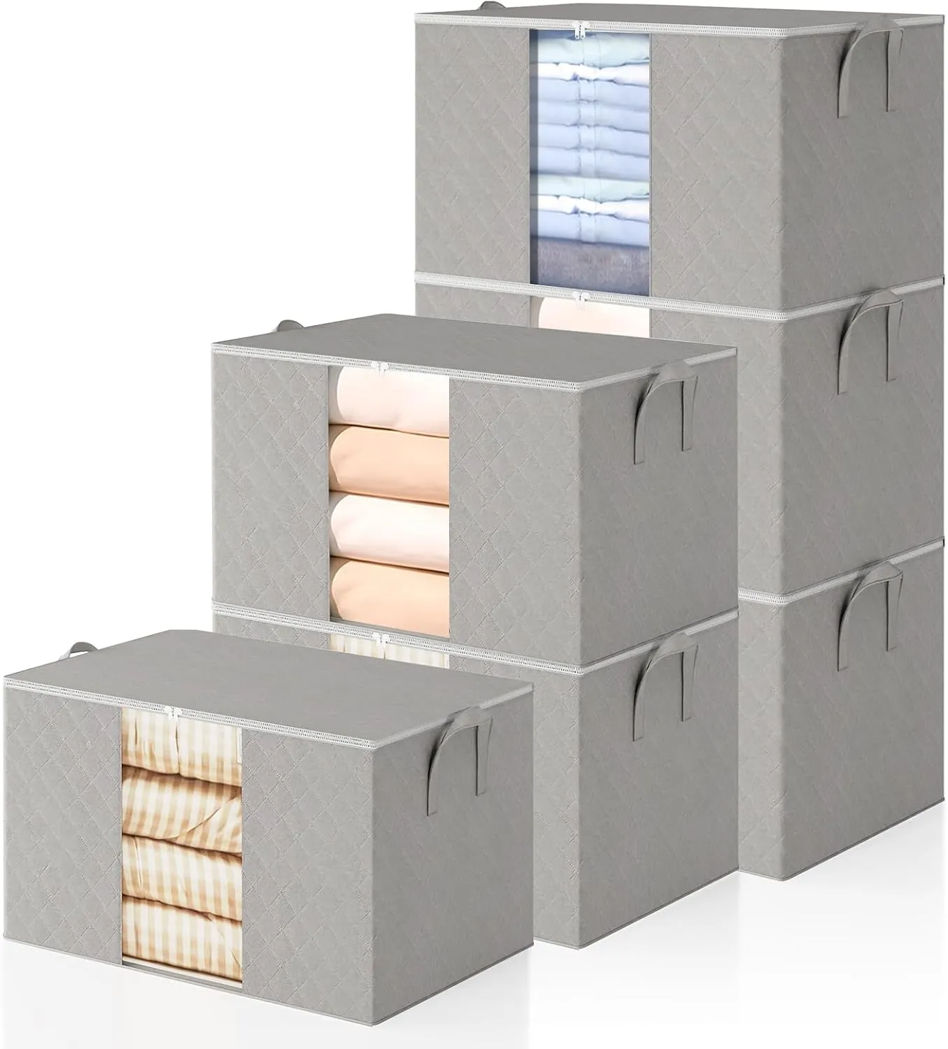 6 Pack Clothes Storage Bags - 60L Blanket Organizers and Storage for Closet Large Storage Bins with Lids and Zipper Storage Containers for King Comforter, Pillow and Sweater (Grey, 6 Pack)