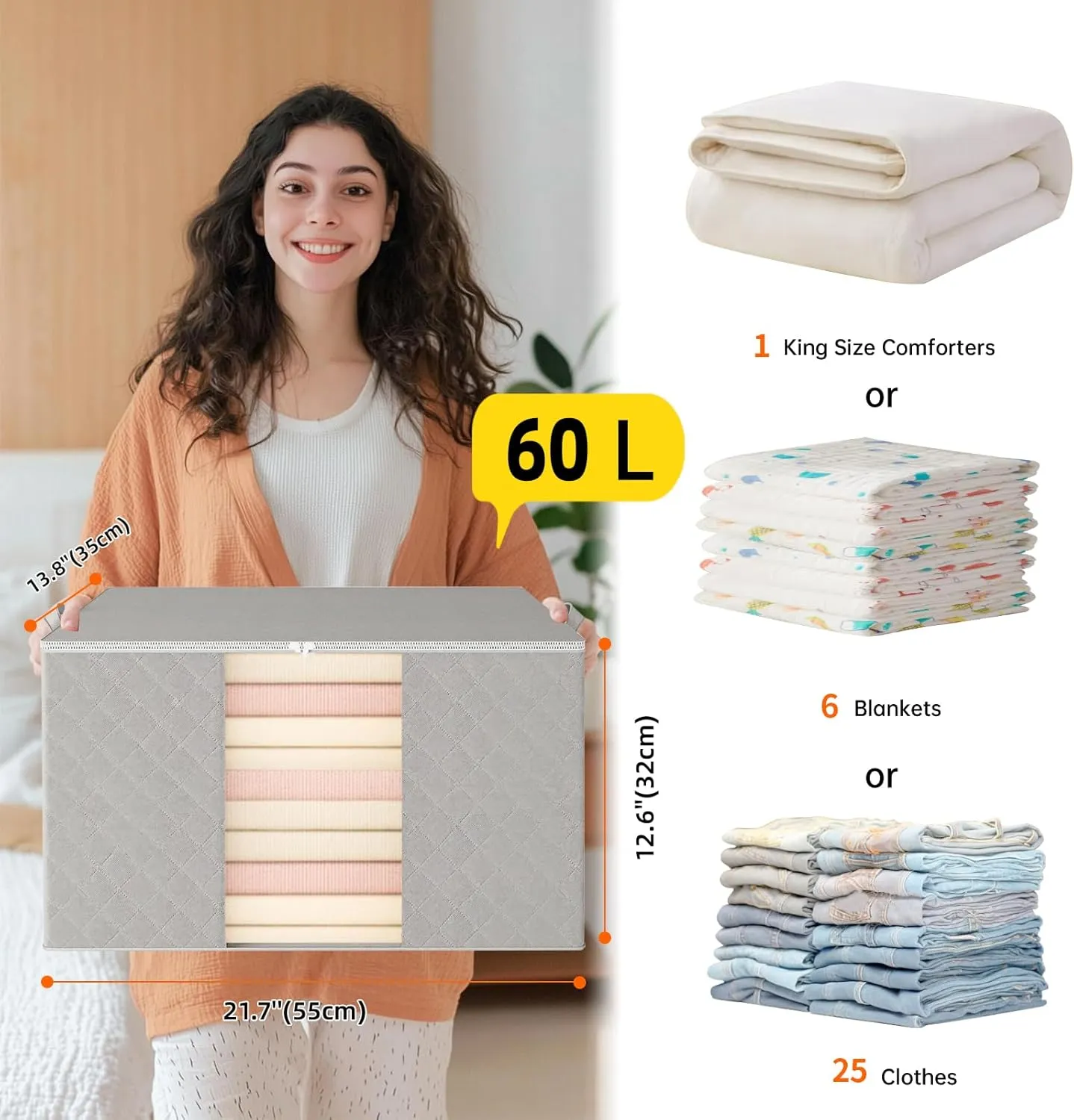 6 Pack Clothes Storage Bags - 60L Blanket Organizers and Storage for Closet Large Storage Bins with Lids and Zipper Storage Containers for King Comforter, Pillow and Sweater (Grey, 6 Pack)