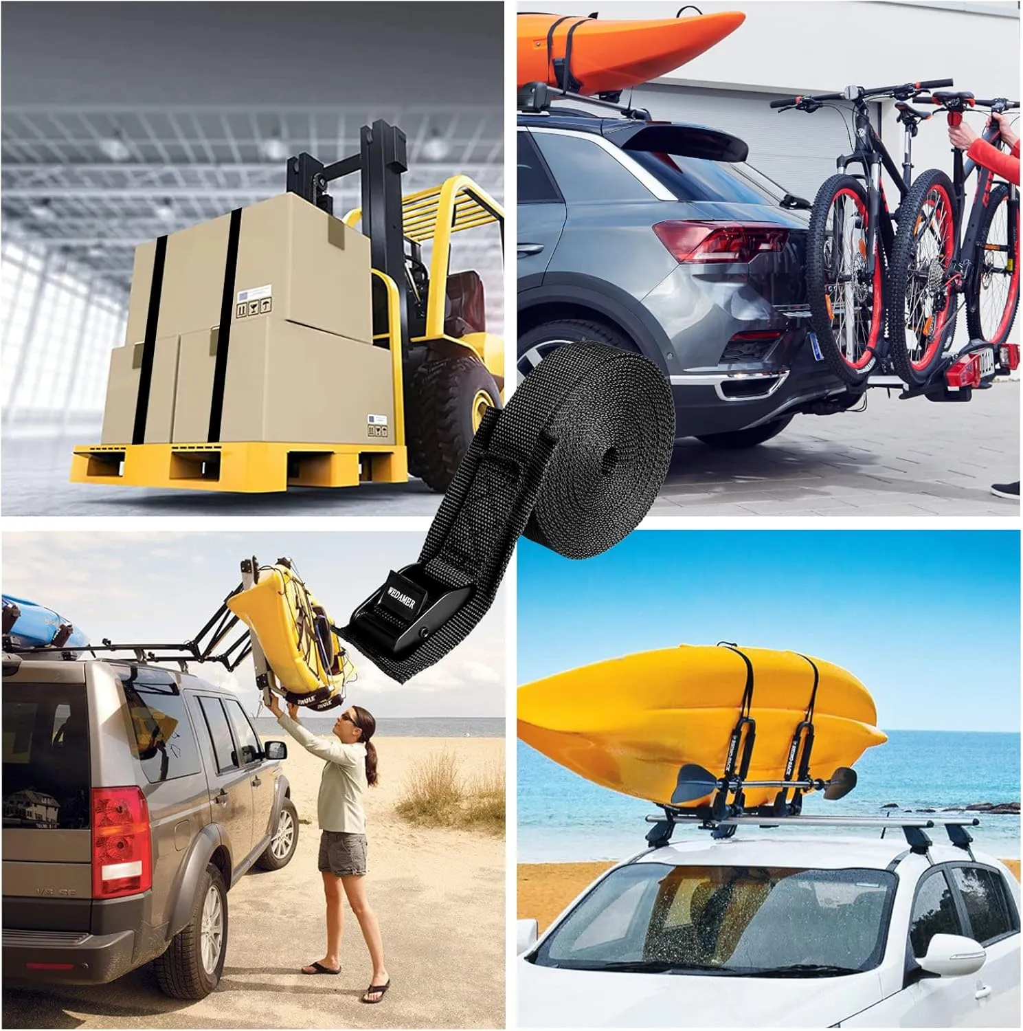 6-Pack Kayak Tie Down Straps Heavy Duty Cam Buckle Tie Downs Adjustable for Trucks Motorcycles Boat RV - Ratchet Lashing Straps with Storage Bag, Roof Rack Trailer Cargo Securement 1" x12ft