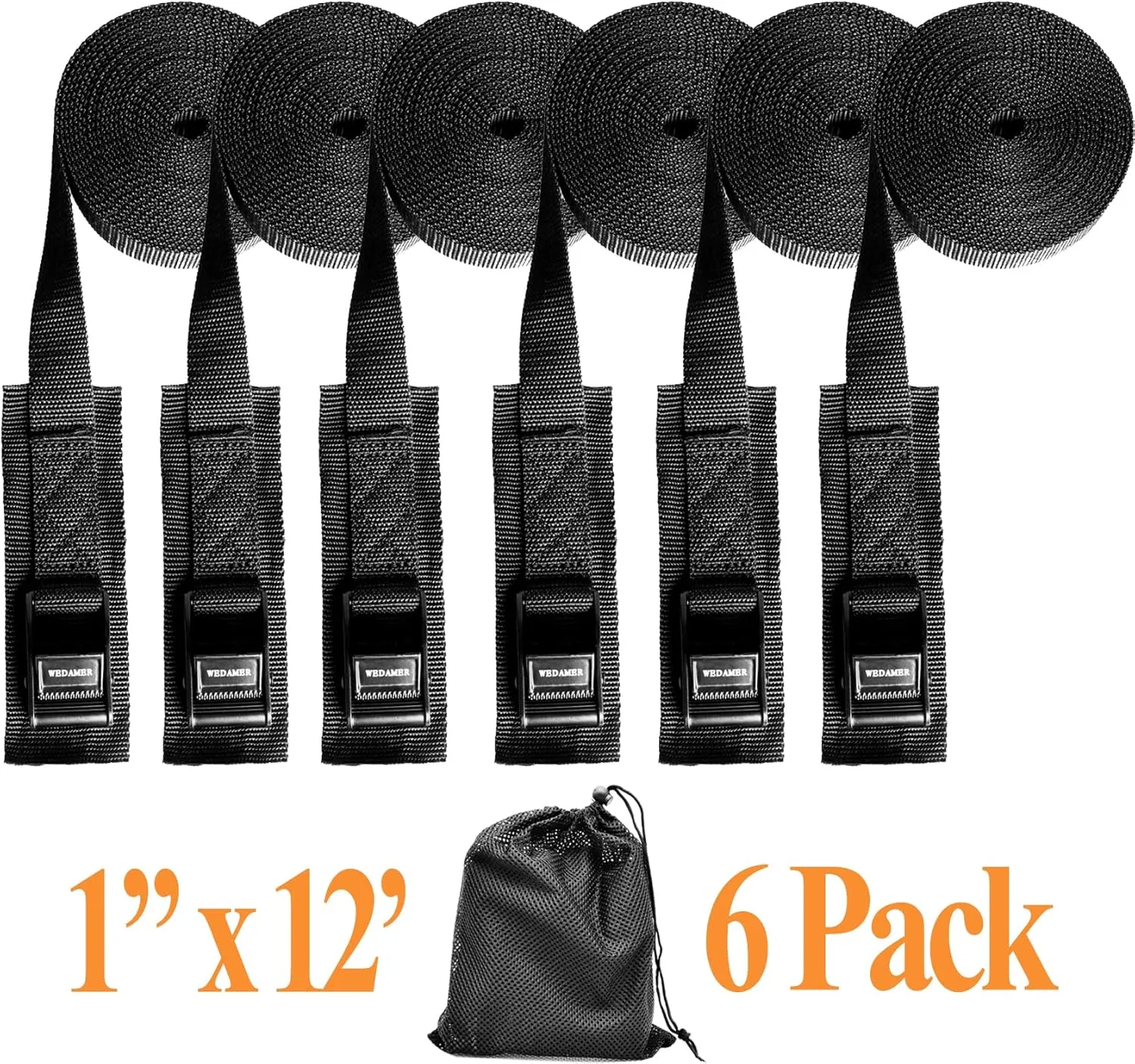 6-Pack Kayak Tie Down Straps Heavy Duty Cam Buckle Tie Downs Adjustable for Trucks Motorcycles Boat RV - Ratchet Lashing Straps with Storage Bag, Roof Rack Trailer Cargo Securement 1" x12ft