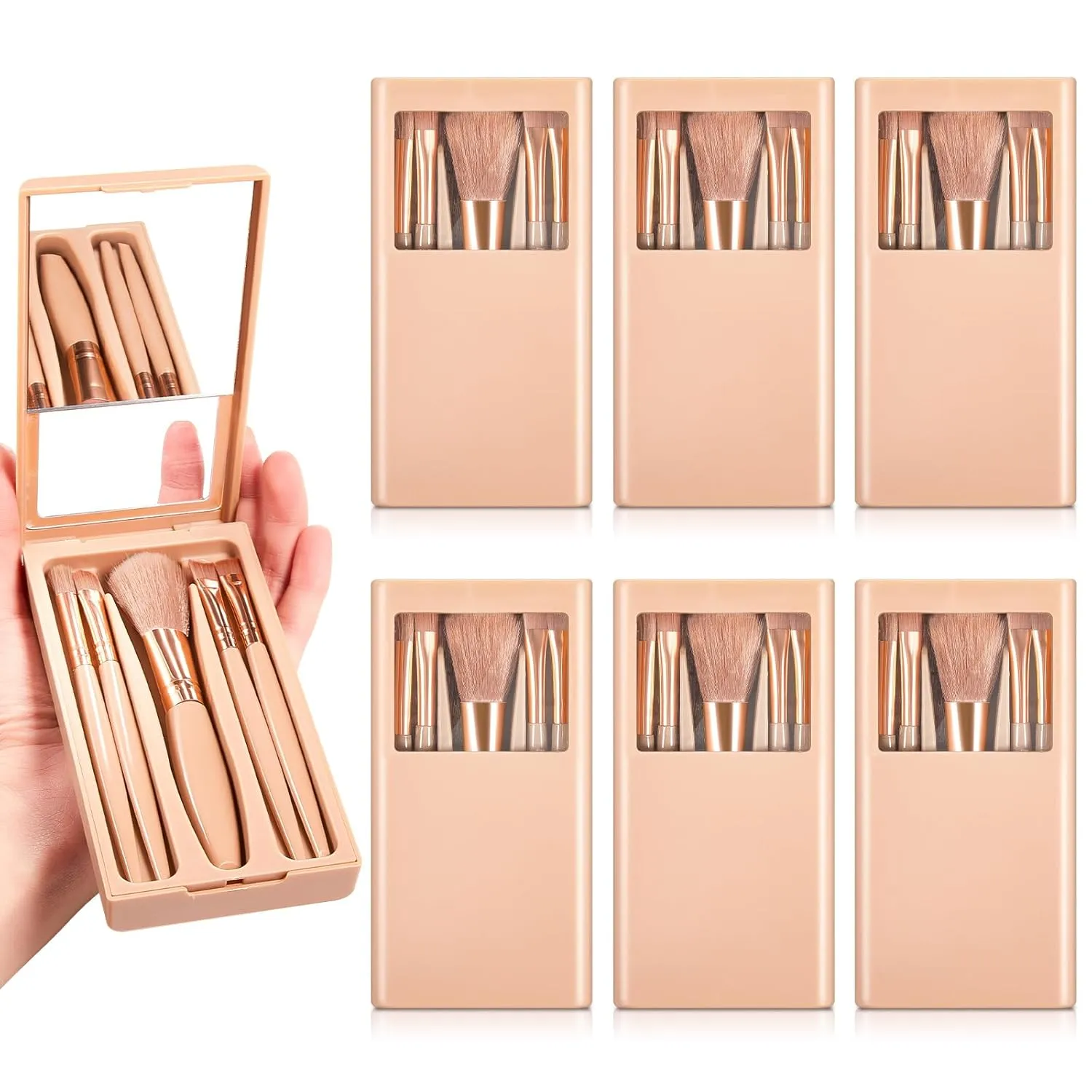 6 Sets 30 Pcs Travel Makeup Brush Set Mini Makeup Brushes with Hard Case and Mirror Small Complete Function Cosmetic Brushes Kit, Travel Essentials Kits for Women, Girls Gift(Apricot Color)