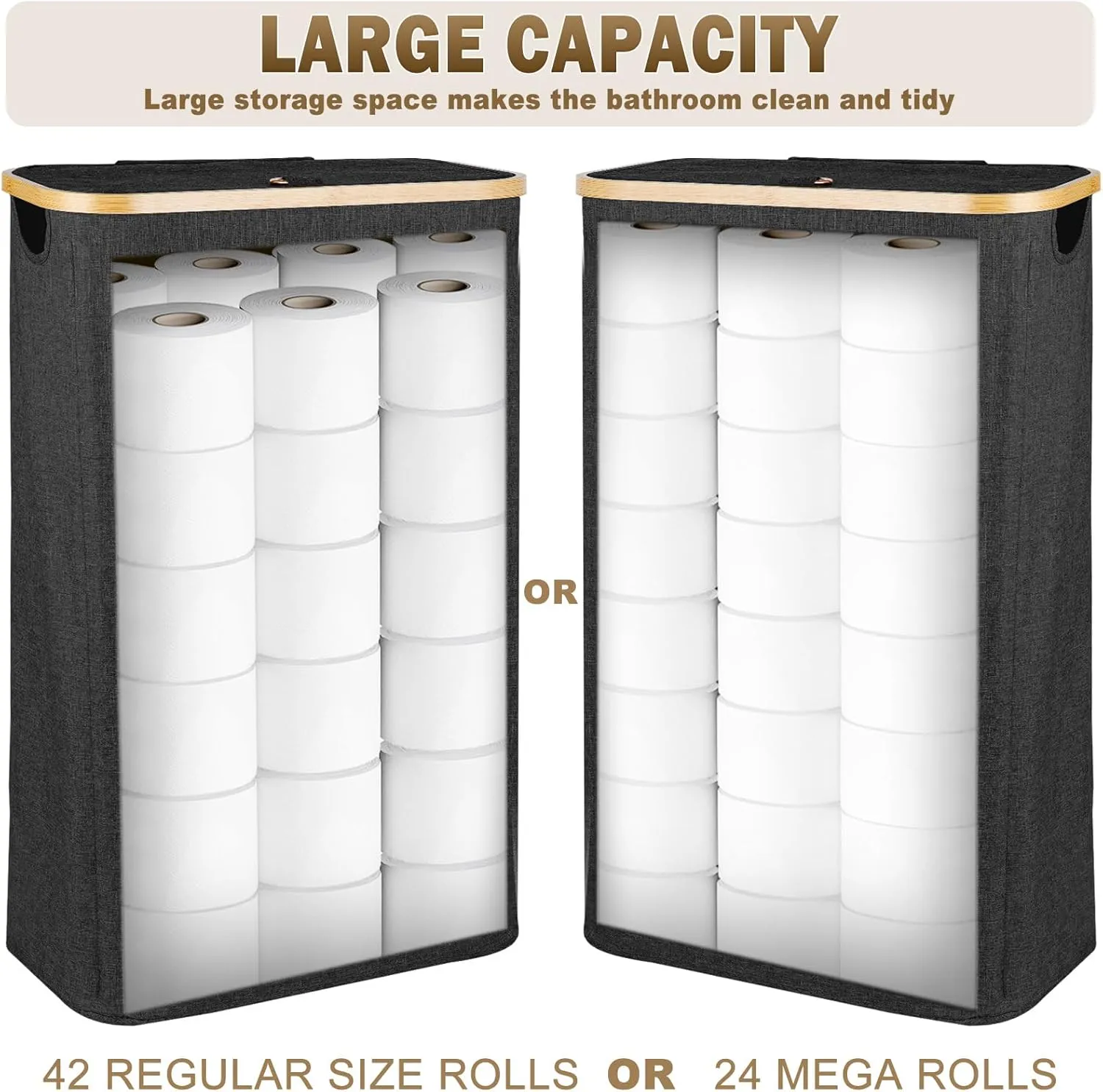 60L Extra Large Toilet Paper with Lid, Holds 42 Regular Rolls or 24 Mega Rolls, 16 Gal Tall Laundry Baskets with Bamboo Pull Handles, Organizer Bin for Hotels, Restrooms, Offices, Homes, Black