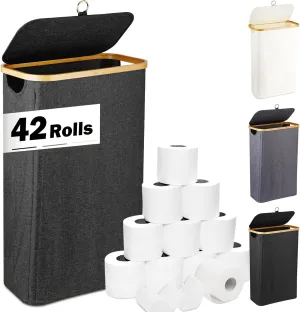 60L Extra Large Toilet Paper with Lid, Holds 42 Regular Rolls or 24 Mega Rolls, 16 Gal Tall Laundry Baskets with Bamboo Pull Handles, Organizer Bin for Hotels, Restrooms, Offices, Homes, Black