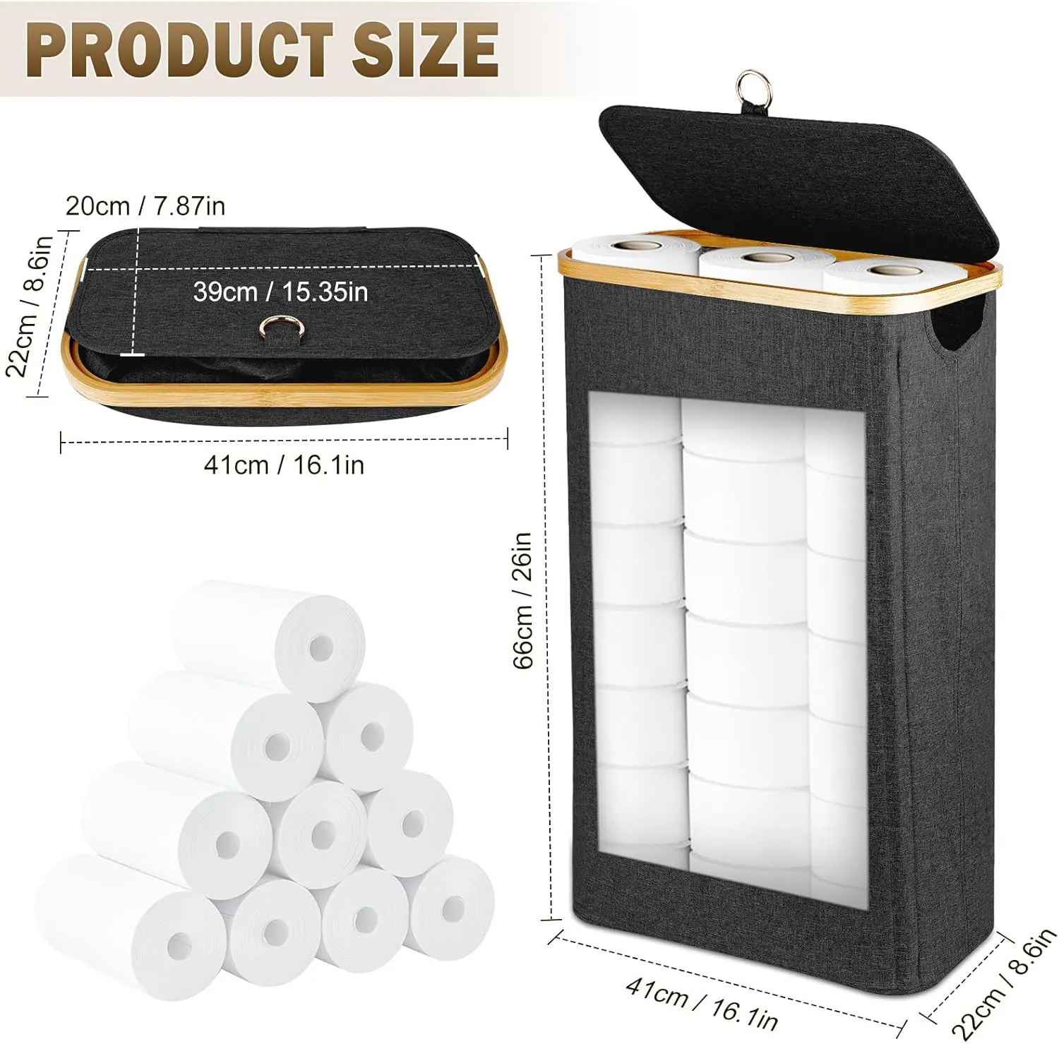 60L Extra Large Toilet Paper with Lid, Holds 42 Regular Rolls or 24 Mega Rolls, 16 Gal Tall Laundry Baskets with Bamboo Pull Handles, Organizer Bin for Hotels, Restrooms, Offices, Homes, Black