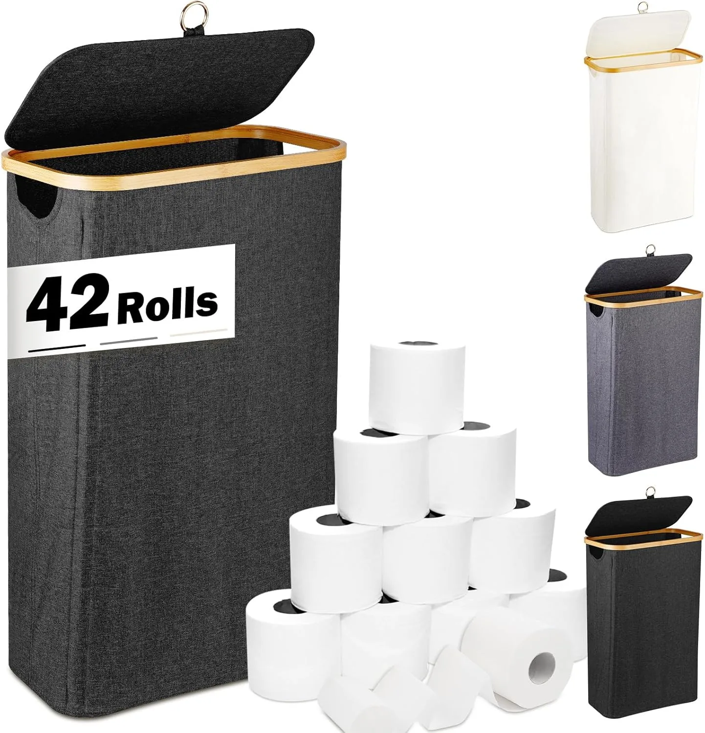 60L Extra Large Toilet Paper with Lid, Holds 42 Regular Rolls or 24 Mega Rolls, 16 Gal Tall Laundry Baskets with Bamboo Pull Handles, Organizer Bin for Hotels, Restrooms, Offices, Homes, Black