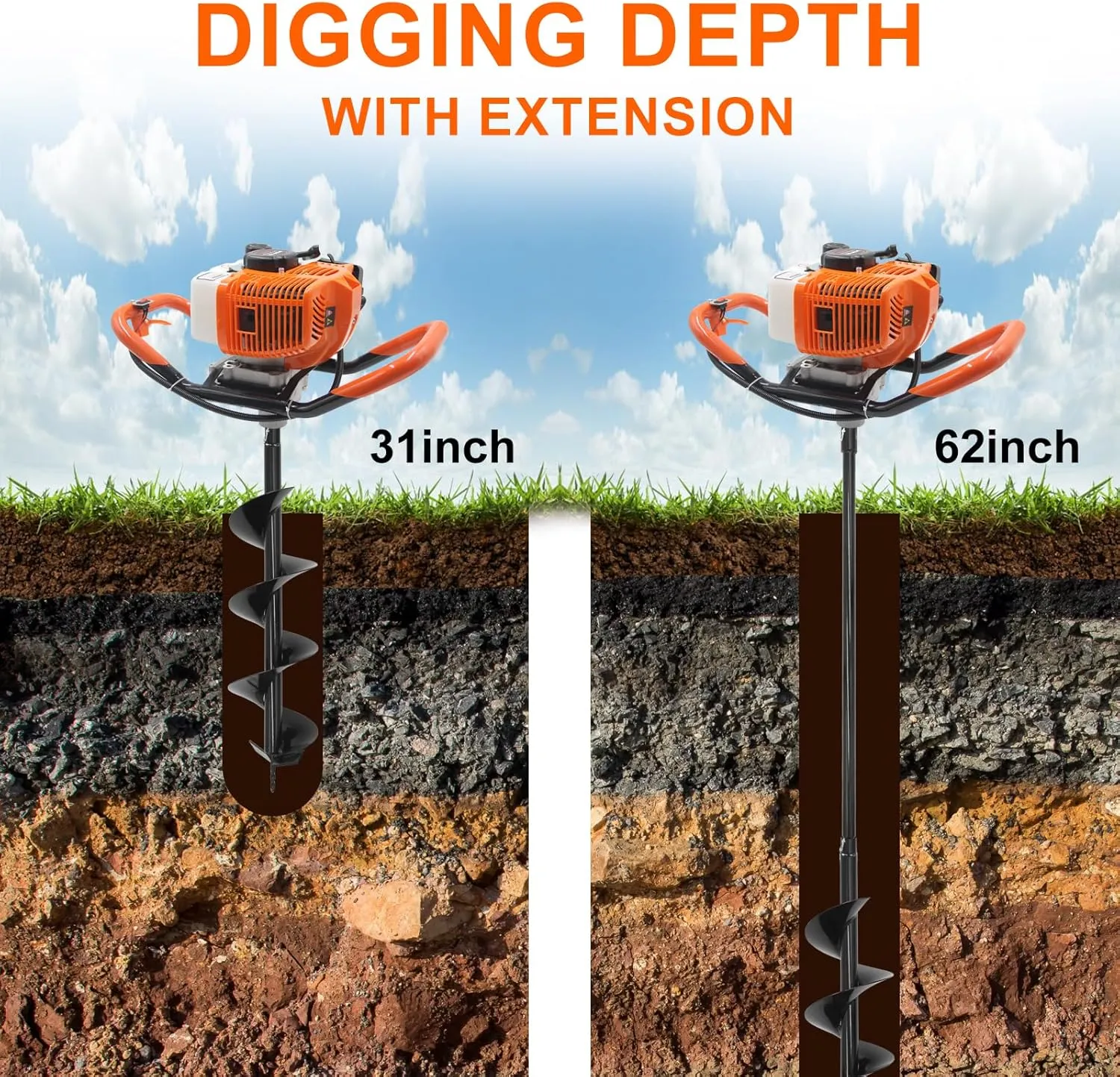 62CC Newly Upgraded Post Hole Digger Gas Powered, 2 Stroke Auger Post Hole Digger with 2 Drill Bits (6" & 8")   1 Extension Rod for Planting - Ideal for Farm & Garden - Orange (62 CC)