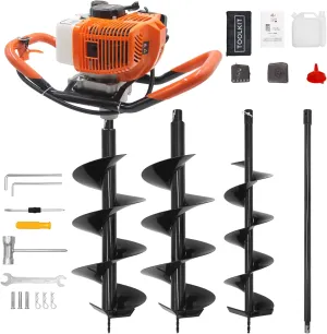 62CC Newly Upgraded Post Hole Digger Gas Powered, 2 Stroke Auger Post Hole Digger with 2 Drill Bits (6" & 8")   1 Extension Rod for Planting - Ideal for Farm & Garden - Orange (62 CC)