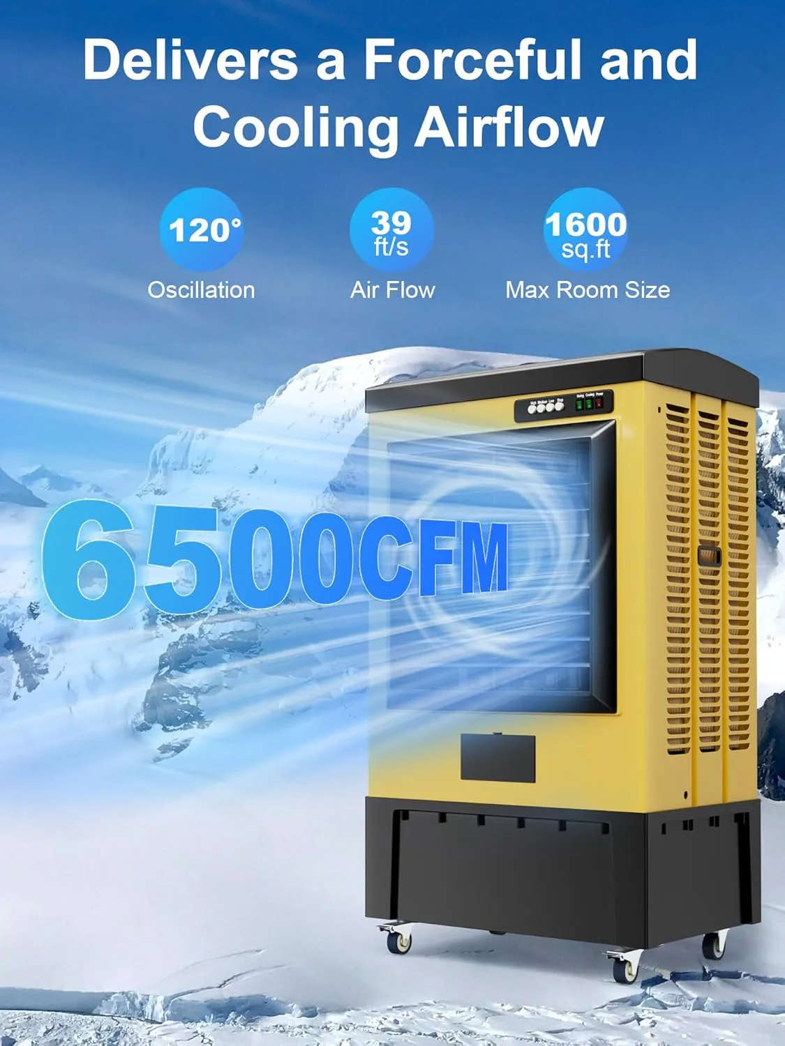 6500 CFM Swamp Cooler, 48IN Evaporative Cooler with 19 Gal Water Tank, Portable Air Cooler with 3 Speeds, 120°Oscillation, 5 Ice Packs, Outdoor Air Conditioner for Garage, Patio, Yard, Factory