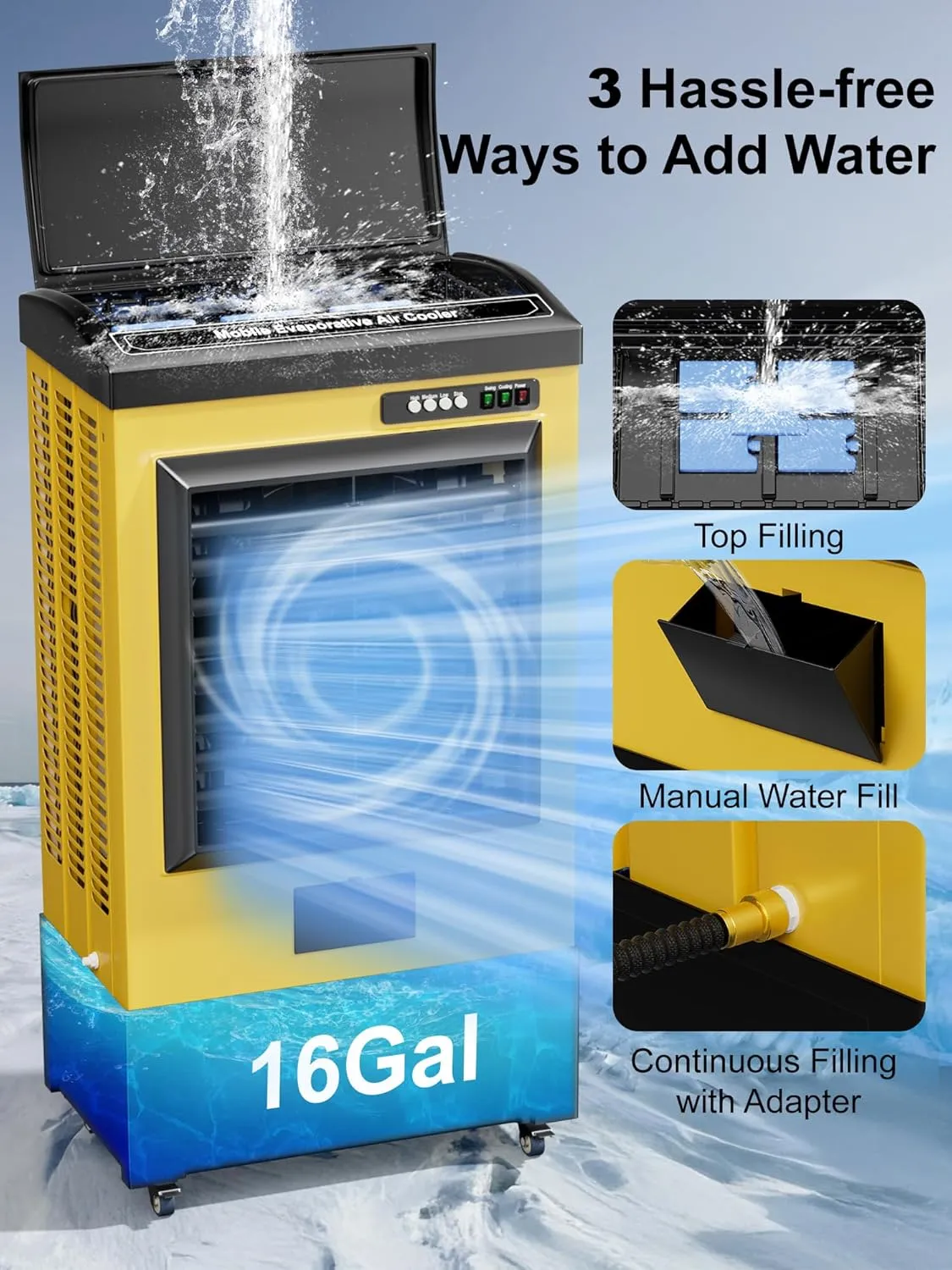 6500 CFM Swamp Cooler, 48IN Evaporative Cooler with 19 Gal Water Tank, Portable Air Cooler with 3 Speeds, 120°Oscillation, 5 Ice Packs, Outdoor Air Conditioner for Garage, Patio, Yard, Factory