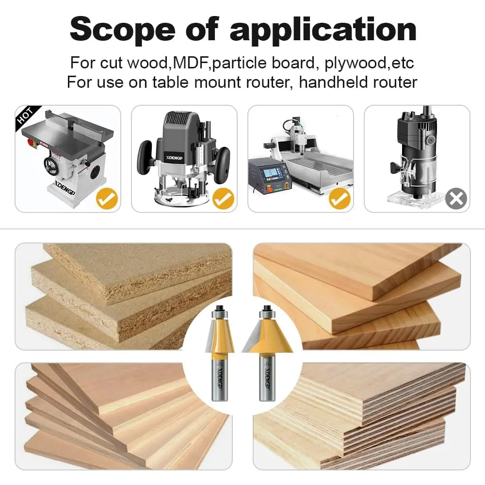 6Pcs Chamfer Router Bits Set 1/2 Inch Shank Carbide Edge Forming Bevel Router Bit with Bearing, Chamfer Bit Miter Angle Milling Cutters Tool, 11.25, 15, 22.5, 30, 45, 60 Degree