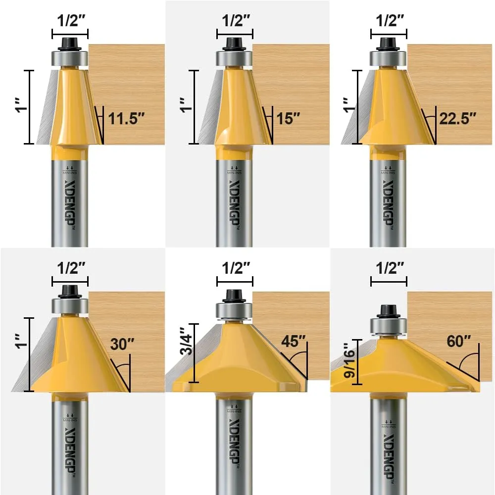 6Pcs Chamfer Router Bits Set 1/2 Inch Shank Carbide Edge Forming Bevel Router Bit with Bearing, Chamfer Bit Miter Angle Milling Cutters Tool, 11.25, 15, 22.5, 30, 45, 60 Degree
