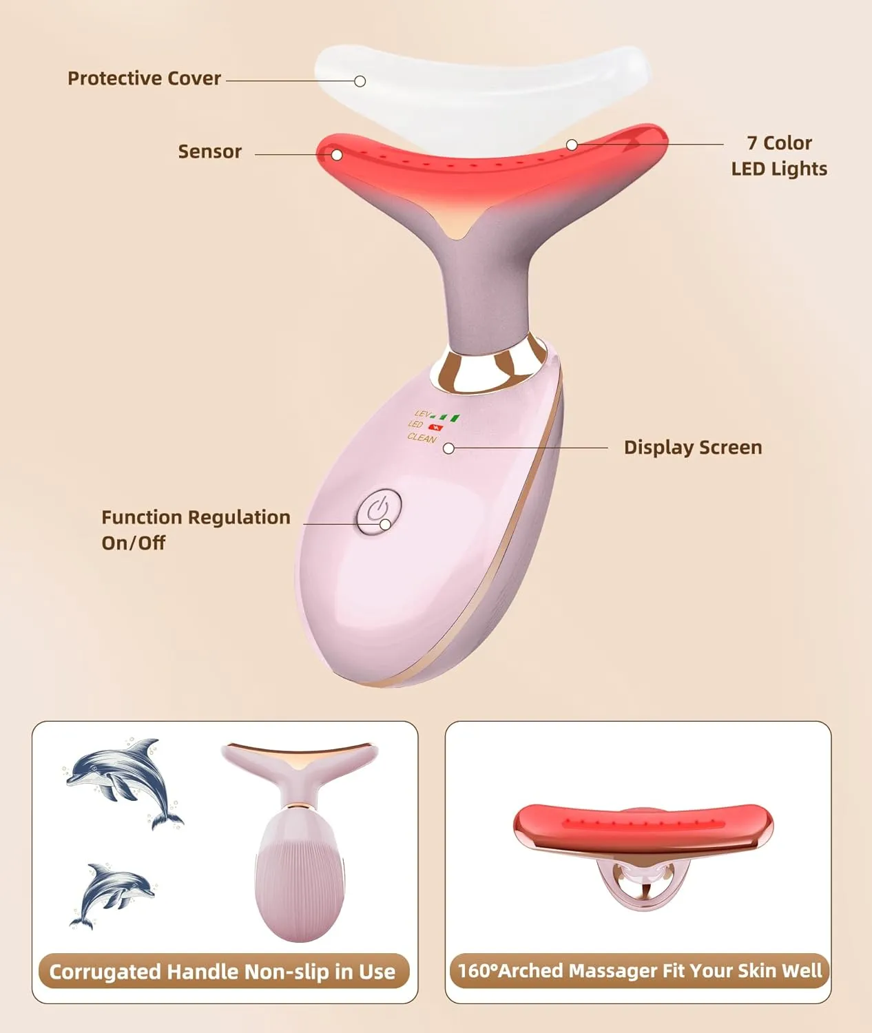 7 Color Face and Neck Massager Light Therapy, Red Light Based Facial Massager for Skin Care, Firming, Smoothing (Pink)