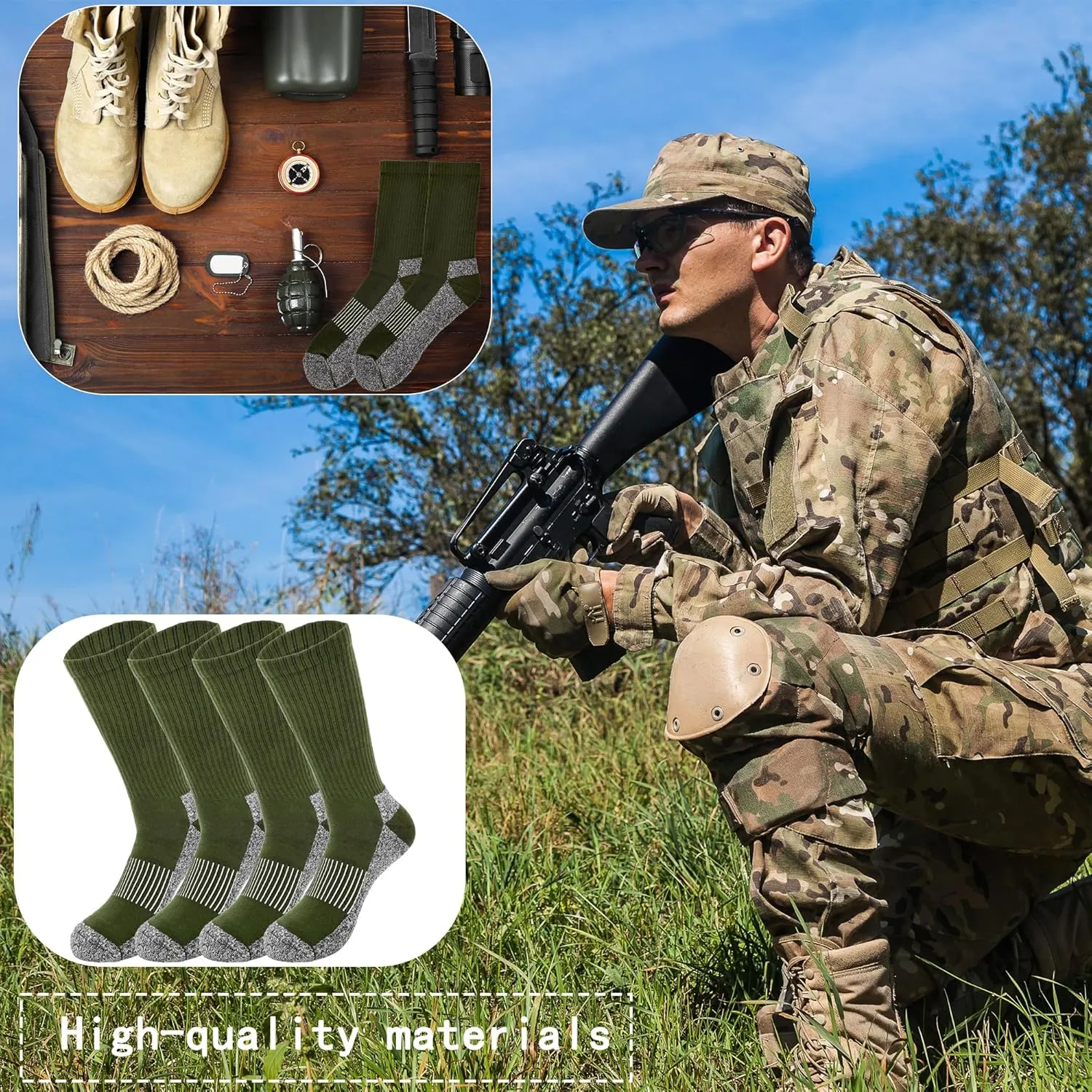 7 Pairs Men's Military Boot Socks Army Green Thickened Warm Military Crew Socks for Adult Working Outdoor Activities