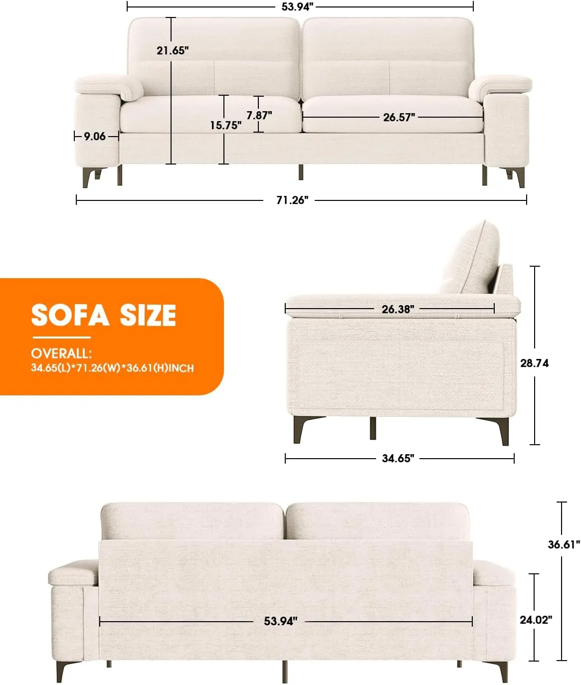 71.25" Modern Sofa Couch for Living Room, Deep Seat Sleeper Sofa with 8”Cushion, Comfy 2-Seater Chenille Loveseat Sofa with Convertible Armrest, Removable Sofa Cover, High Leg (Beige)