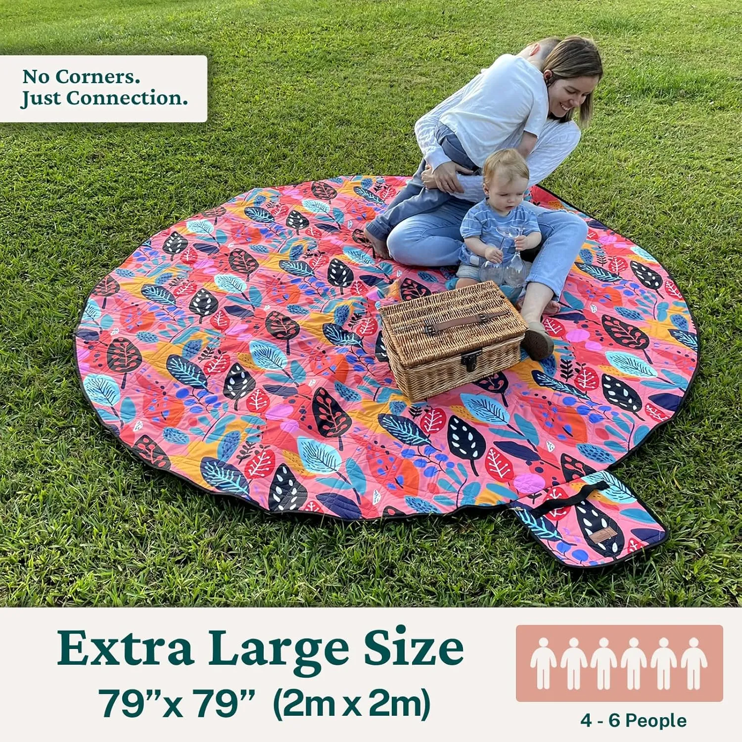79" Round Waterproof Picnic Blanket - Extra Large, Durable & Foldable Outdoor Mat for Grass, Beach or Park - Outside Baby Playmat & Cute Blanket for Family, Kids and Camping Days