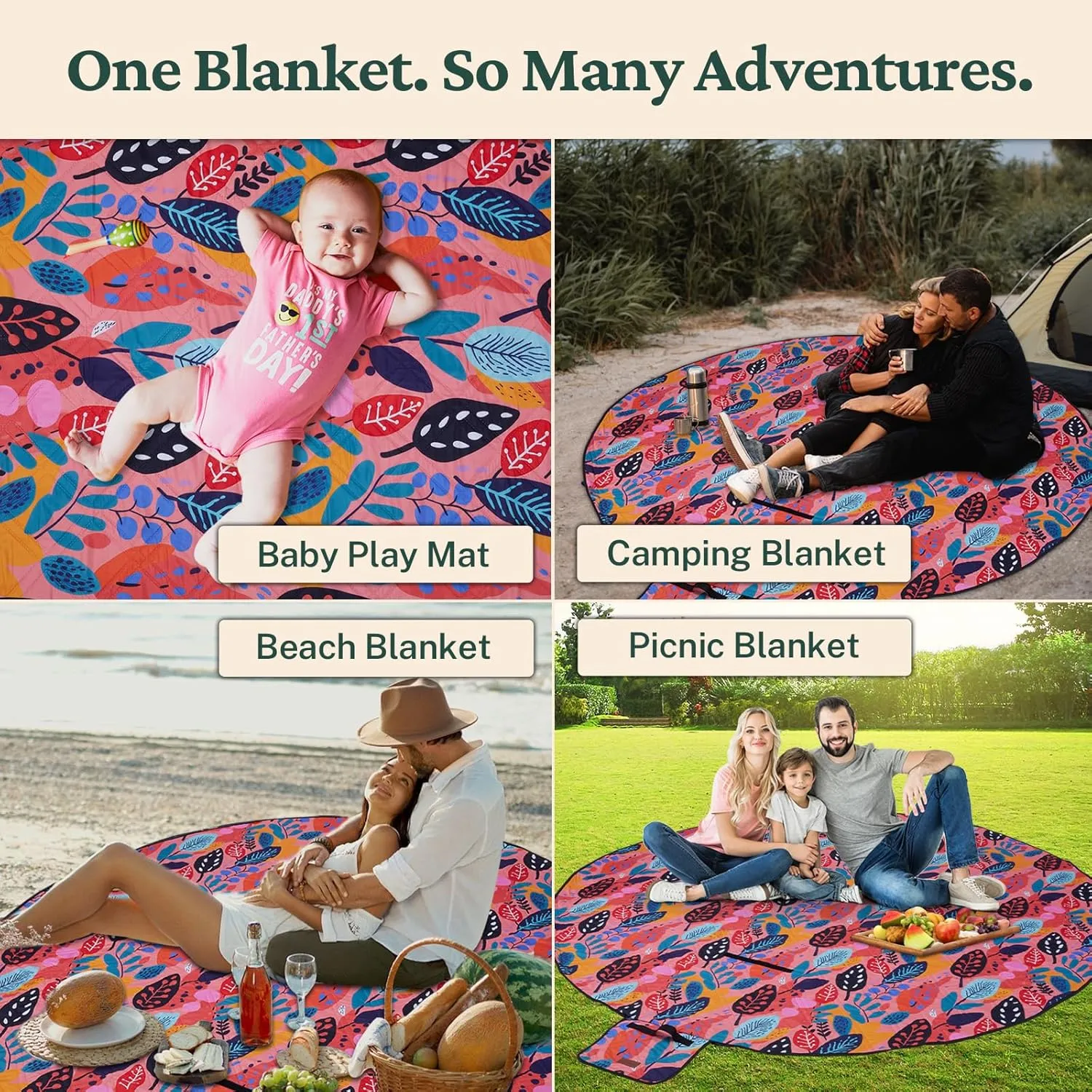 79" Round Waterproof Picnic Blanket - Extra Large, Durable & Foldable Outdoor Mat for Grass, Beach or Park - Outside Baby Playmat & Cute Blanket for Family, Kids and Camping Days