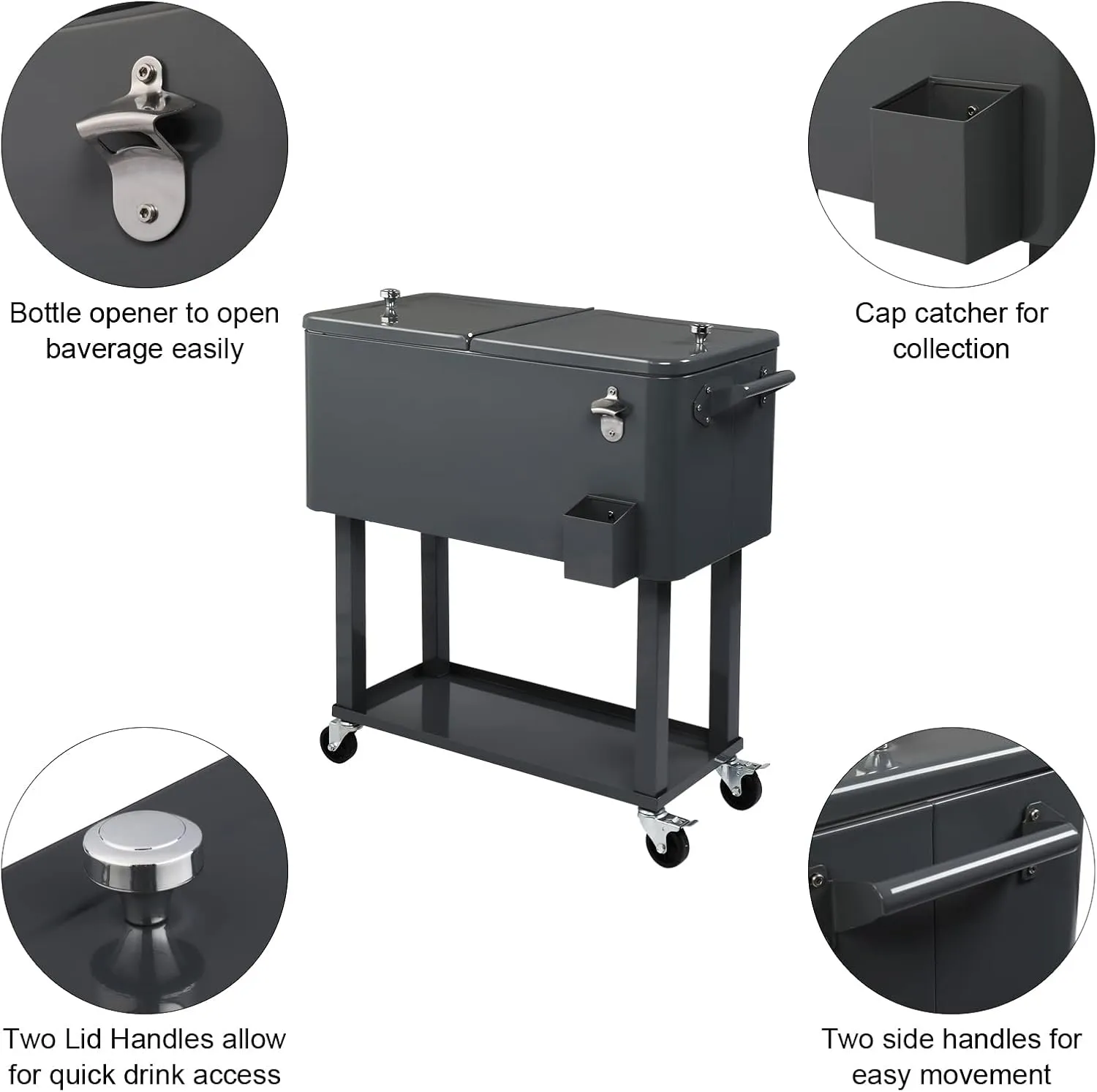 80 Quart Rolling Cooler Cart with Shelf and Bottle Opener for Patio Party