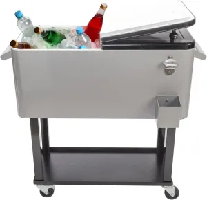 80 Quart Rolling Cooler Cart with Shelf and Bottle Opener for Patio Party