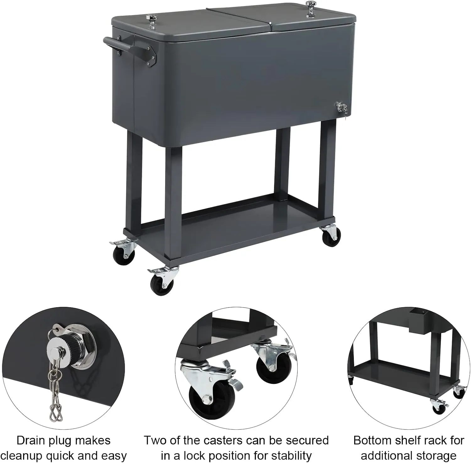 80 Quart Rolling Cooler Cart with Shelf and Bottle Opener for Patio Party