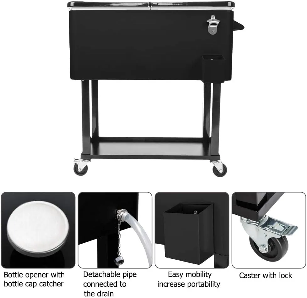 80 Quart Rolling Cooler Cart with Shelf and Bottle Opener for Patio Party