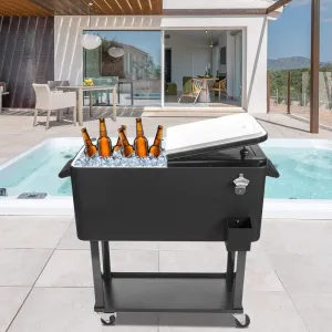 80 Quart Rolling Cooler Cart with Shelf and Bottle Opener for Patio Party