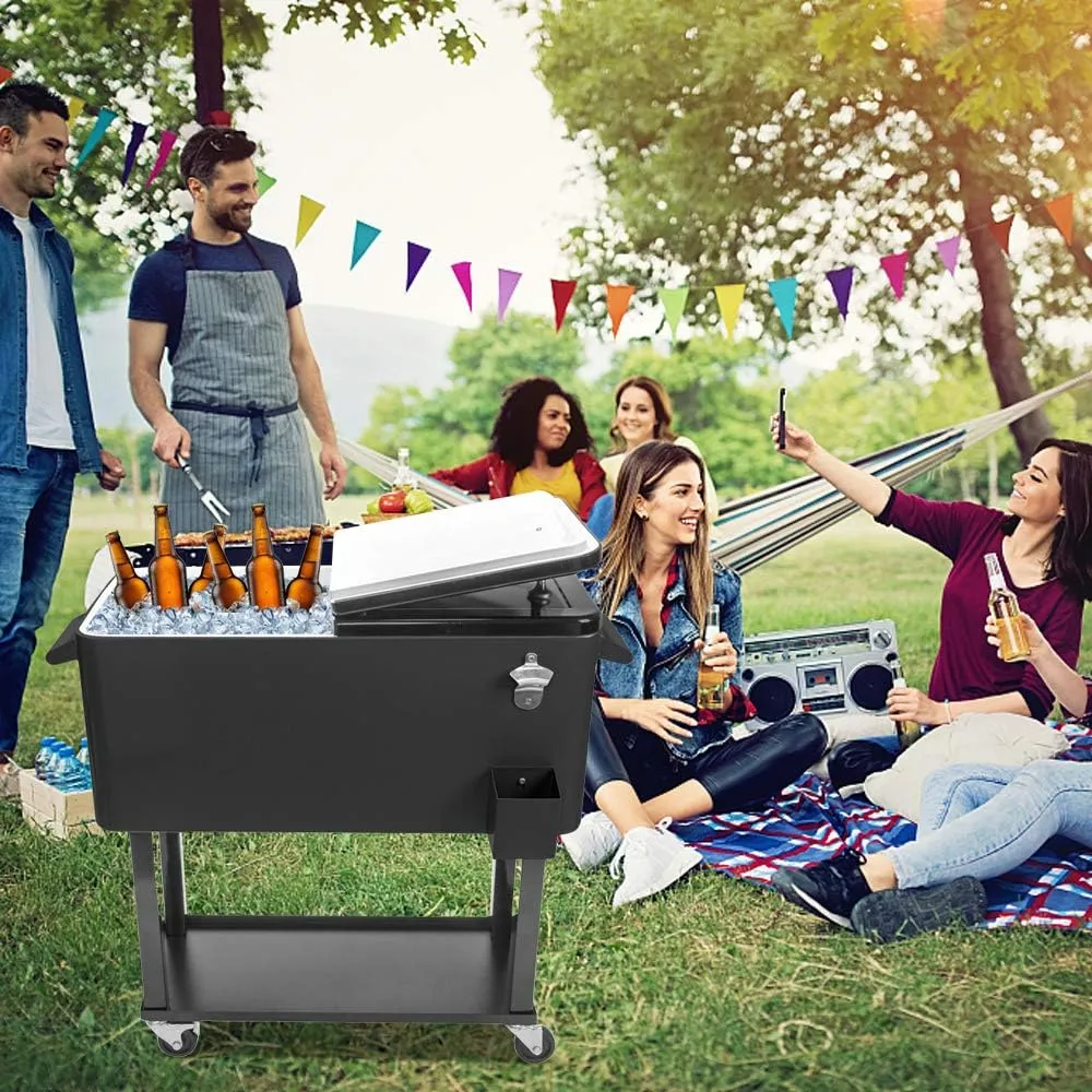 80 Quart Rolling Cooler Cart with Shelf and Bottle Opener for Patio Party
