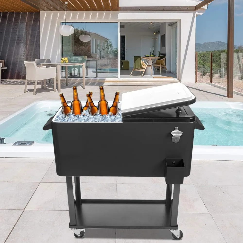 80 Quart Rolling Cooler Cart with Shelf and Bottle Opener for Patio Party