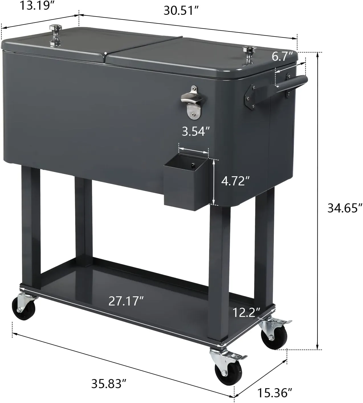 80 Quart Rolling Cooler Cart with Shelf and Bottle Opener for Patio Party